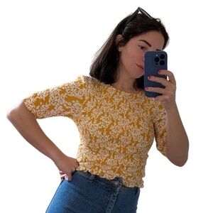 Melloday Cropped Floral Blouse Yellow and White